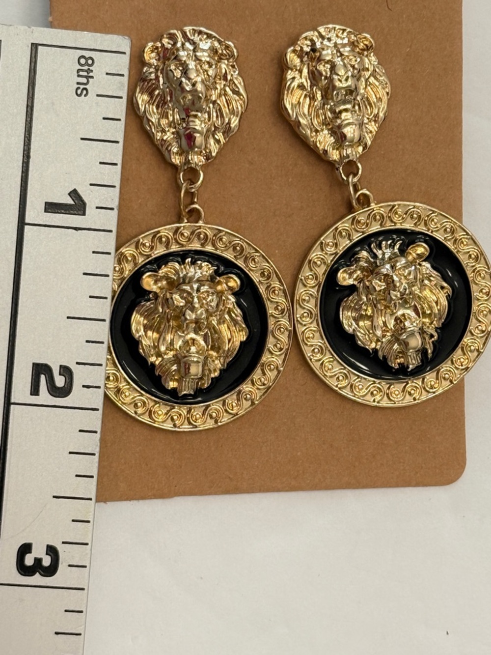 Gold Lion Head Medallion Earrings Black Enamel Statement Drop - Picture 6 of 13